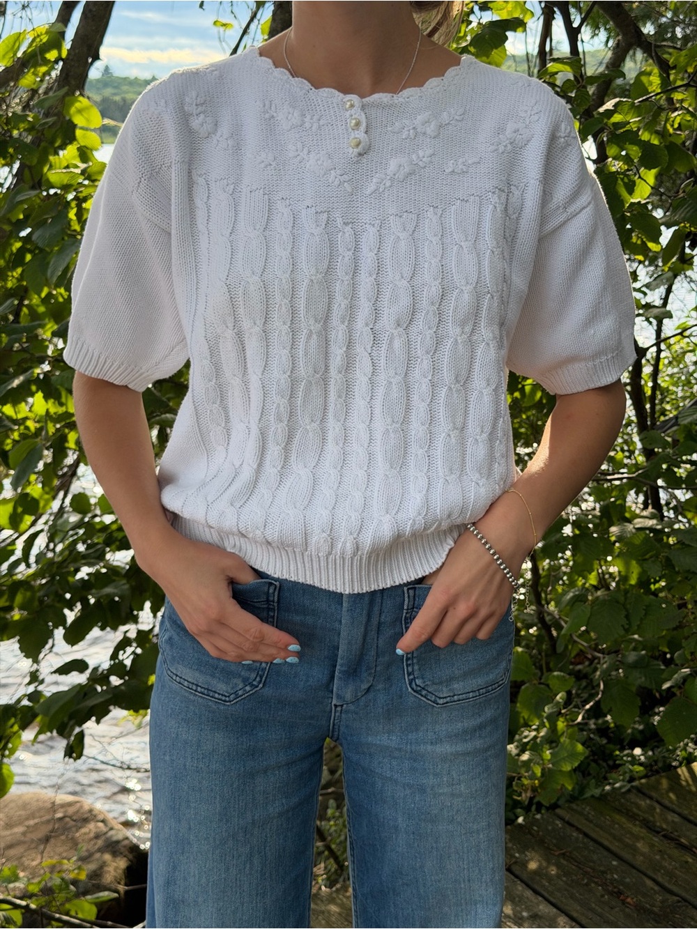 Vintage White Knit Short Sleeve Sweater Top